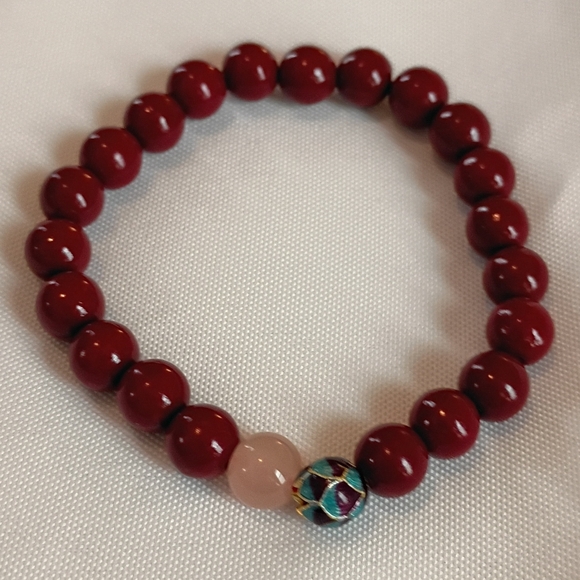 Boho Red Beaded Stretch Bracelet Rose Quartz Cloisonne Enamel - Picture 2 of 4